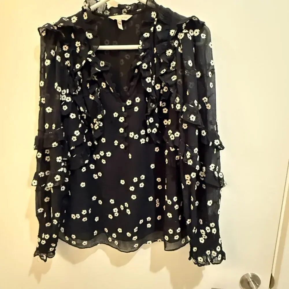 Rebecca Taylor Black Daisy Floral Ruffle Blouse Size 2 — Romantic Silk Top - Picture 5 of 8